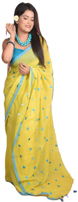Rnn Saree Embroidered Handloom Cotton Blend Saree(Yellow)