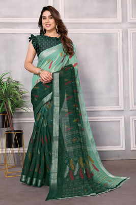 SARETRA MALL Printed, Self Design Bollywood Cotton Linen Saree(Green)