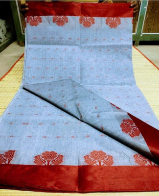 womensari Self Design Tant Pure Cotton Saree(Grey, Red)