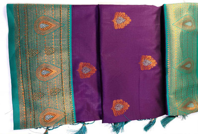 scope creations Floral Print, Embroidered, Embellished Banarasi Pure Silk Saree(Purple)