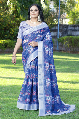 HouseOfCommon Floral Print Bollywood Cotton Linen Saree(Blue)