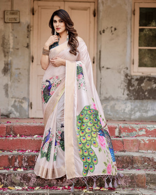 ALMAARI FASHION Digital Print Kalamkari Silk Blend Saree(Beige)