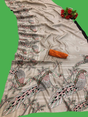 Gugaliya Animal Print Madhubani Cotton Blend, Art Silk Saree(Black)