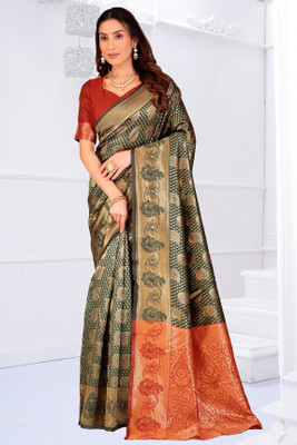 Saadhvi Woven Banarasi Pure Silk Saree(Green)
