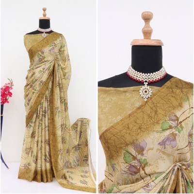 HouseOfCommon Floral Print Daily Wear Chiffon Saree(Cream)