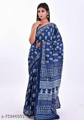 Jaipuri Print Printed, Blocked Printed, Color Block, Dyed, Floral Print Daily Wear Pure Cotton Saree(Blue)