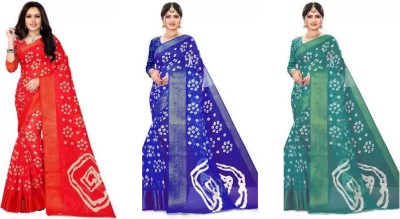 RUNAYA NX Printed Bandhani Art Silk Saree(Pack of 3, Red, Green, Blue)