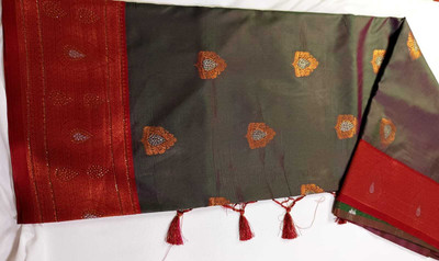 scope creations Floral Print, Embroidered, Embellished Banarasi Pure Silk Saree(Green, Red)
