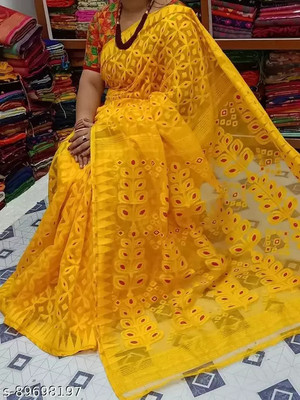 nebadita Self Design Jamdani Cotton Blend Saree(Yellow, Red)