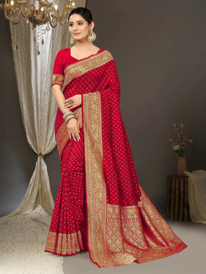 FAB WOVEN Printed Banarasi Silk Blend Saree(Red)