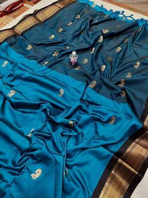 NST5 Printed Paithani Cotton Silk, Polyester Saree(Blue, Dark Green)