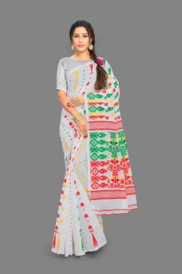 Anju Sarees Woven, Embellished Jamdani Cotton Blend, Cotton Silk Saree(White)