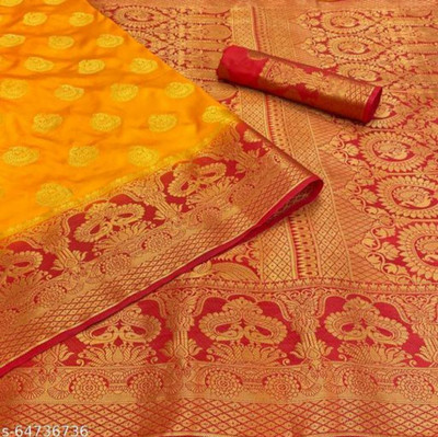 JkfSarees Woven, Temple Border, Self Design, Dyed Banarasi Jacquard Saree(Yellow, Red)