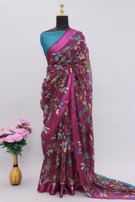 Kjs Floral Print Bollywood Cotton Blend Saree(Multicolor)