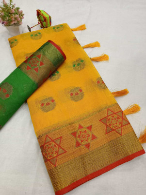 VAKHARIYAFAB Woven, Self Design Banarasi Pure Cotton, Cotton Silk Saree(Yellow)