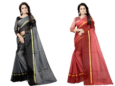 Suntex Striped, Checkered Daily Wear Cotton Silk Saree(Pack of 2, Maroon, Black)