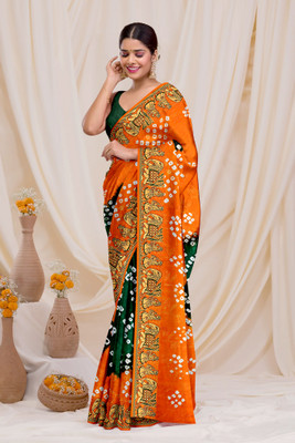 harvi fashion Printed Bandhani Art Silk Saree(Green, Yellow)