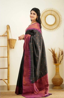 MJ TRENDZ Self Design, Woven Banarasi Jacquard Saree(Purple, Black)