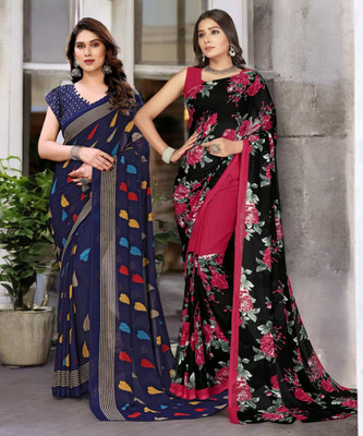 AMBUJAINTERNATIONAL Printed Bollywood Georgette Saree(Pack of 2, Multicolor)