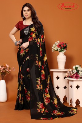 Anand Sarees Floral Print Daily Wear Georgette Saree(Black, Red)