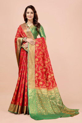 jayant creation Woven Banarasi Silk Blend, Jacquard Saree(Red, Green)