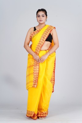 maa textile Self Design Tant Pure Cotton Saree(Yellow)