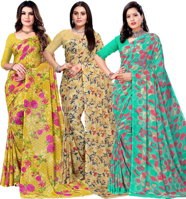 Kanooda Prints Printed Daily Wear Georgette Saree(Pack of 3, Multicolor)