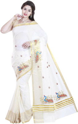 RSV FABRICS Printed Kasavu Cotton Blend Saree(White)