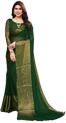 HINDVA FASHION HUB Solid/Plain Kanjivaram Chiffon Saree(Green)