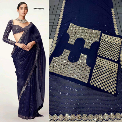 MANIBAA CLOTHING Embroidered, Embellished Bollywood Georgette Saree(Blue)