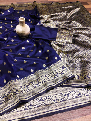signagraph Woven, Temple Border Banarasi Satin, Art Silk Saree(Dark Blue)