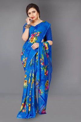 Nirvaan Floral Print Bollywood Georgette Saree(Blue)