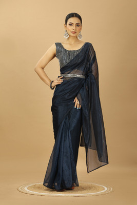 DWINIZAA STORE Solid/Plain Pre Draped Saree Net Saree(Blue)