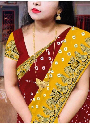 S.R.TEXTILES Printed Bandhani Crepe Saree(Red, Mustard)