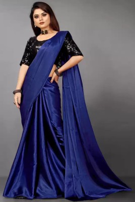 Ratan creation Solid/Plain Bollywood Satin Saree(Dark Blue)