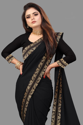 Jevlan Self Design Bollywood Silk Blend Saree(Black)