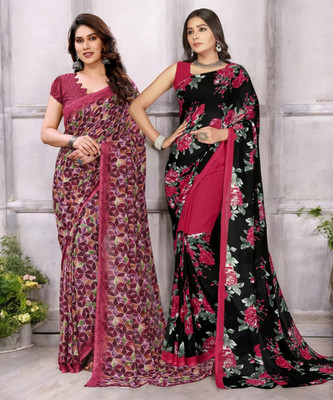 THE URBAN DIVA Printed Bollywood Georgette Saree(Pack of 2, Multicolor)