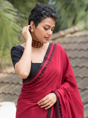 WeaveAura Solid/Plain Handloom Cotton Blend Saree(Red)