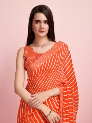 RekhaManiyar Striped Bollywood Chiffon Saree(Orange)