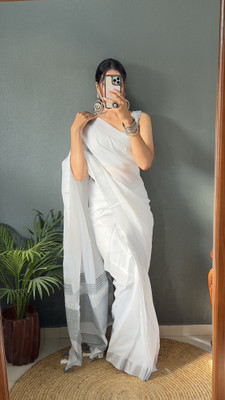 MM VENTURE Striped Chanderi Cotton Blend Saree(Grey)