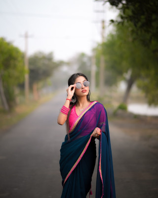 KV Fashion Solid/Plain Kanjivaram Georgette Saree(Dark Blue)