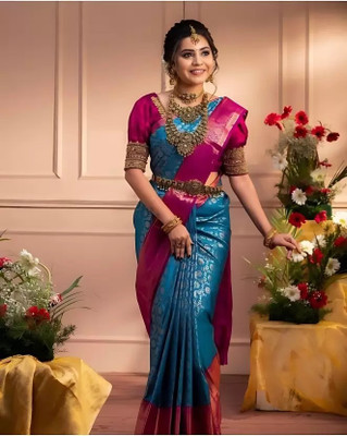 Aquiliq Self Design Banarasi Silk Blend Saree(Yellow)