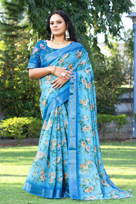 HouseOfCommon Floral Print Bollywood Cotton Linen Saree(Blue)