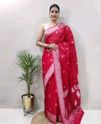 Harshavilla Self Design Banarasi Cotton Silk Saree(Red)