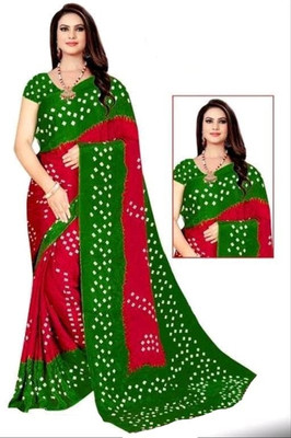 Printed Bandhani Chiffon Saree(Red, Green)