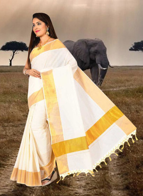 GUGALIYA FASHION Solid/Plain Kasavu Pure Cotton Saree(White)