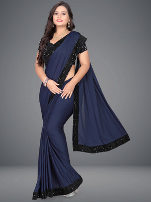 DEBRIS FAB Solid/Plain Bollywood Silk Blend Saree(Dark Blue)