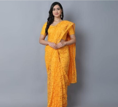 SwiftStyle Floral Print Daily Wear Net Saree(Yellow)