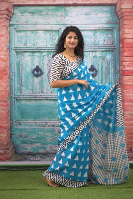 NIKHILAM Printed Daily Wear Pure Cotton Saree(Light Blue, White)