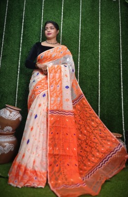 Anjalisaree Embroidered Jamdani Cotton Silk Saree(White, Orange)